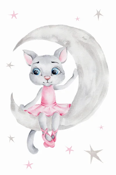 Watercolor Gray Girl Cat Sitting Moon — Φωτογραφία Αρχείου
