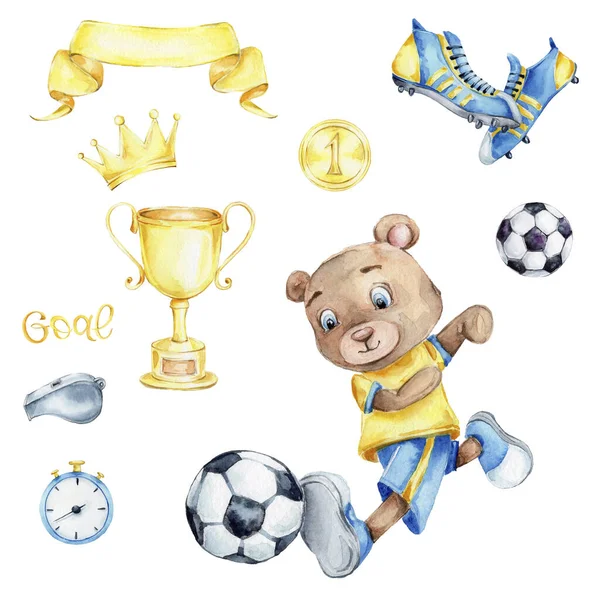 由泰迪熊足球运动员制作的卡通片包括击球 足球靴 冠军奖杯 冠军奖牌和金牌 — 图库照片