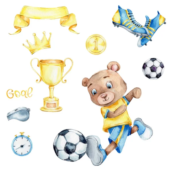 cartoon set with the teddy bear soccer player is hitting the ball, stopwatch, soccer boots, crown, champion cup, medal for first place, and lettering in gold GOAL