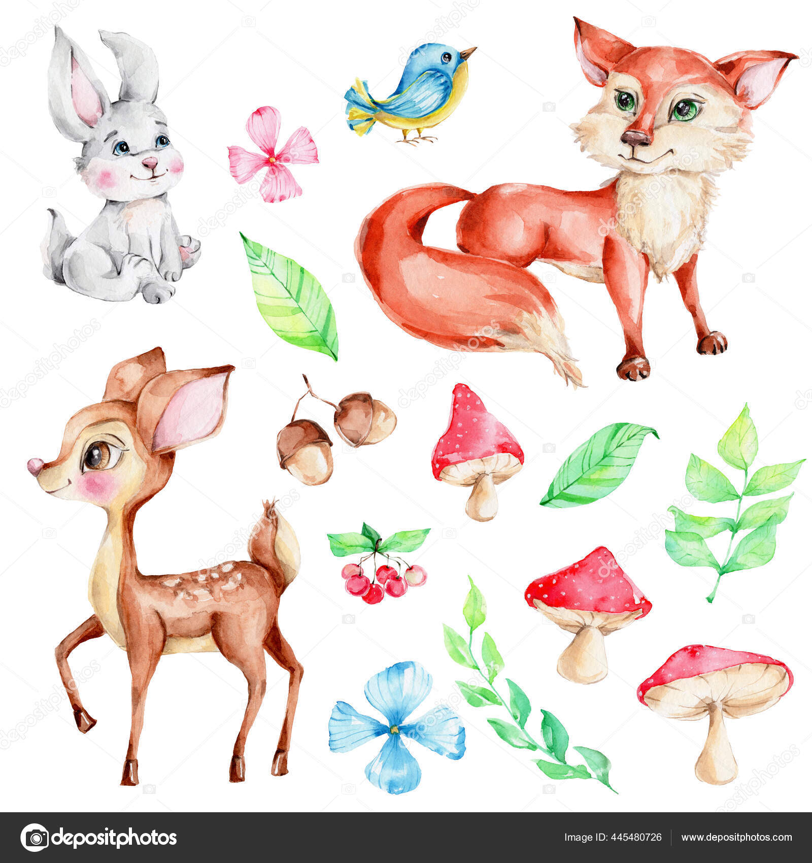 나뭇잎 고사리 수채화등 배경에 그림을 그리고 스톡 일러스트레이션 [© AUTHOR_NAME] #445480726, image size:1600x1700