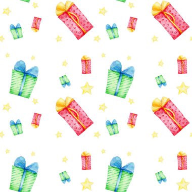 Renkli hediye kutusu ve sarı yıldızlı suluboya deseni; el çizimi illüstrasyonu; beyaz izole arkaplanlı mutlu doğum günü seti;