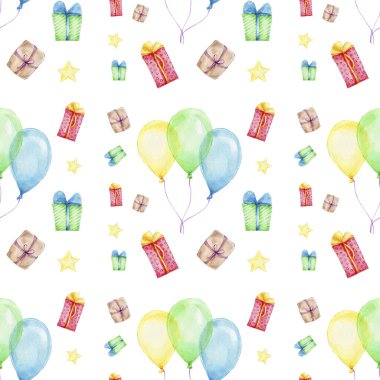 Renkli balonları, hediye kutusu ve sarı yıldızları olan suluboya deseni; el çizimi illüstrasyonu; beyaz izole edilmiş arka planı olan mutlu doğum günü seti;