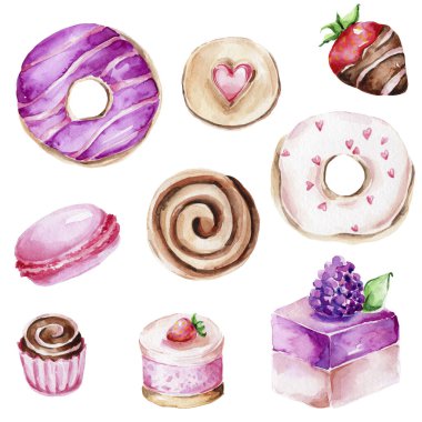 Renkli tatlı seti - donut, kek, kurabiye, çilek, badem kurabiyesi; suluboya el çizimi çizimi; beyaz izole arkaplan