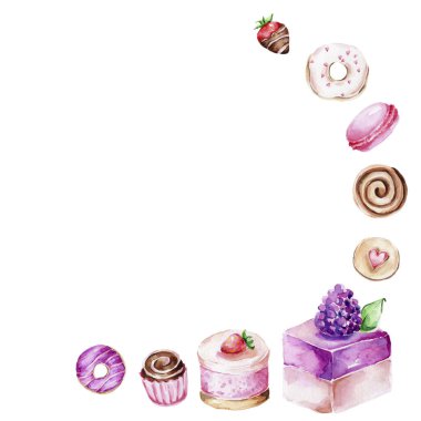 Donut, çilek, kurabiye, pasta, badem kurabiyesi ile çerçeve; suluboya el çizimi resim; beyaz izole arkaplan