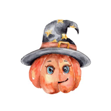 Suluboya el çizimi, yıldızlı korkunç şapkalı Cadılar Bayramı tatlı balkabağı; beyaz izole arkaplan