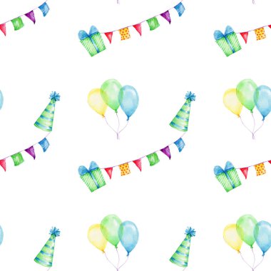 Renkli balonlar, gökkuşağı kutuları, kepler ve hediye kutusu ile suluboya desensiz desen; el çizimi illüstrasyon; mutlu doğum günü seti; beyaz izole edilmiş arka plan