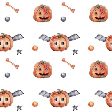 Korkunç balkabağı ve turuncu ve siyah yıldızlar ve daireler ile suluboya desen; el cadılar bayramı çizimi; beyaz izole arkaplan