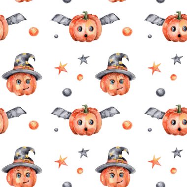 Korkunç balkabağı ve turuncu ve siyah yıldızlar ve daireler ile suluboya desen; el cadılar bayramı çizimi; beyaz izole arkaplan