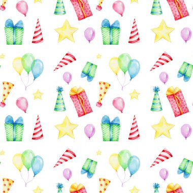Doğum günü unsurlarına sahip suluboya deseni: başlıklar, hediyeler, balonlar, sarı yıldız ve harfler; el çizimi illüstrasyonu; kart ve davetiye için kullanılabilir; beyaz izole edilmiş arka plan