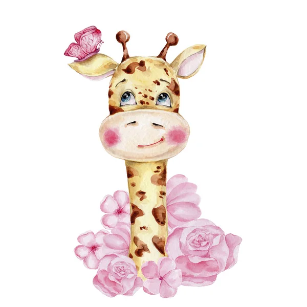 Watercolor hand draw illustration cute baby giraffe with pink butterfly on right ear and pink beautiful flowers; children illustration; with white isolated background