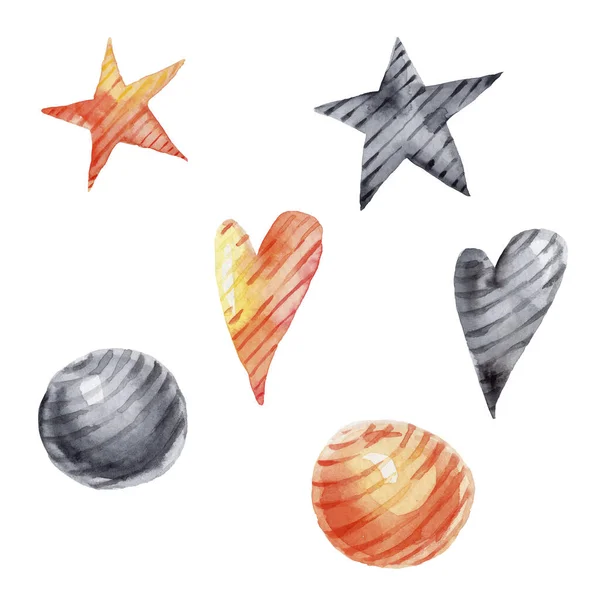 Watercolor hand draw illustration set with orange and black elements - stars, hearts and circles; with white isolated background