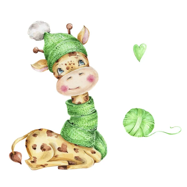 緑のスカーフでかわいい赤ちゃんキリンと帽子と緑の心を編むための糸の緑のボールと水彩手描きイラスト 子供のイラスト 白い隔離された背景と — ストック写真