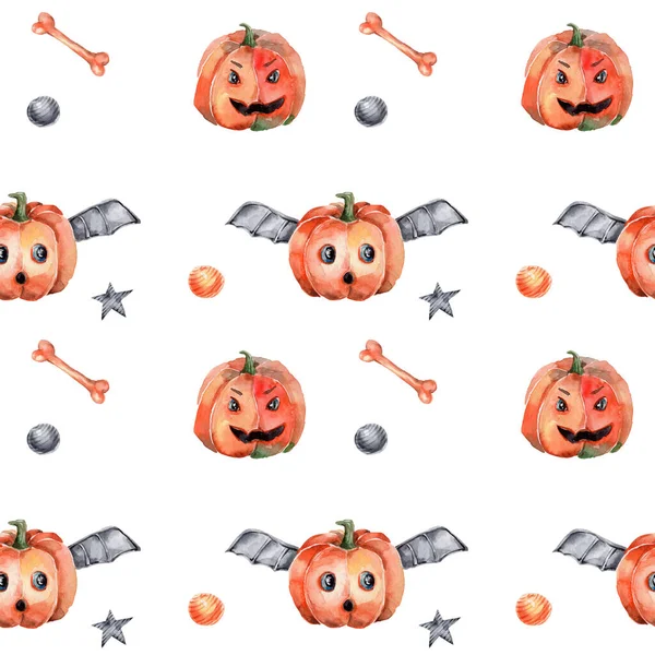 Watercolor seamless pattern with scary pumpkin and orange and black stars and circles; hand draw halloween illustration; with white isolated background