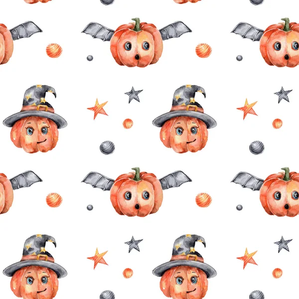 Watercolor seamless pattern with scary pumpkin and orange and black stars and circles; hand draw halloween illustration; with white isolated background