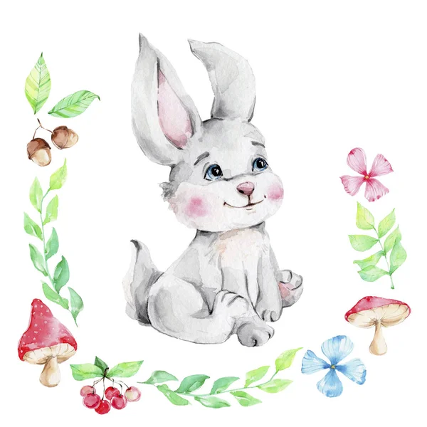 Cute cartoon rabbit with floral frame, watercolor hand draw illustration on white isolated background