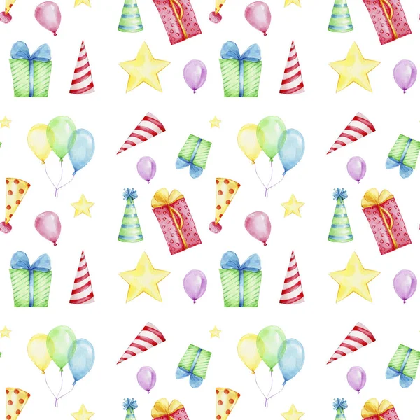 Watercolor seamless pattern with happy birthday\'s elements: caps, gifts, balloons, yellow star and letters; hand draw illustration; can be used for cards and invitation; with white isolated background