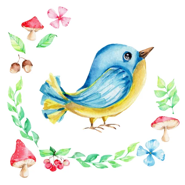 Lindo Pájaro Azul Dibujos Animados Con Marco Floral Ilustración Dibujo — Foto de Stock