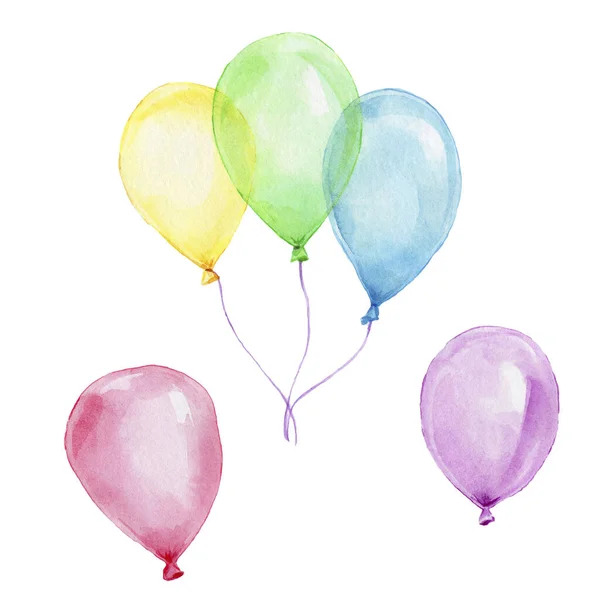 Balões Coloridos Desenho Mão Aquarela Ilustração Com Fundo Isolado Branco — Fotografia de Stock
