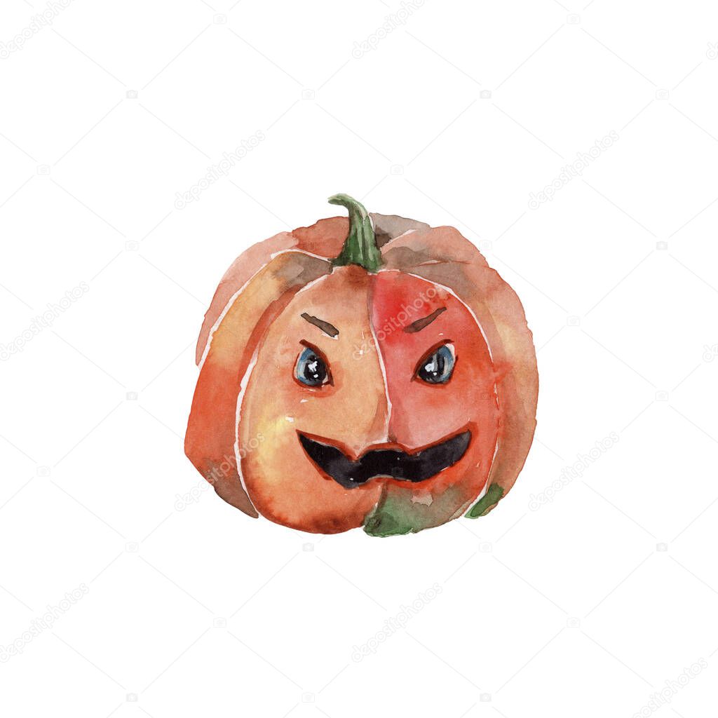 Watercolor hand draw illustration with orange evil pumpkin; Halloween illustration; white isolated background