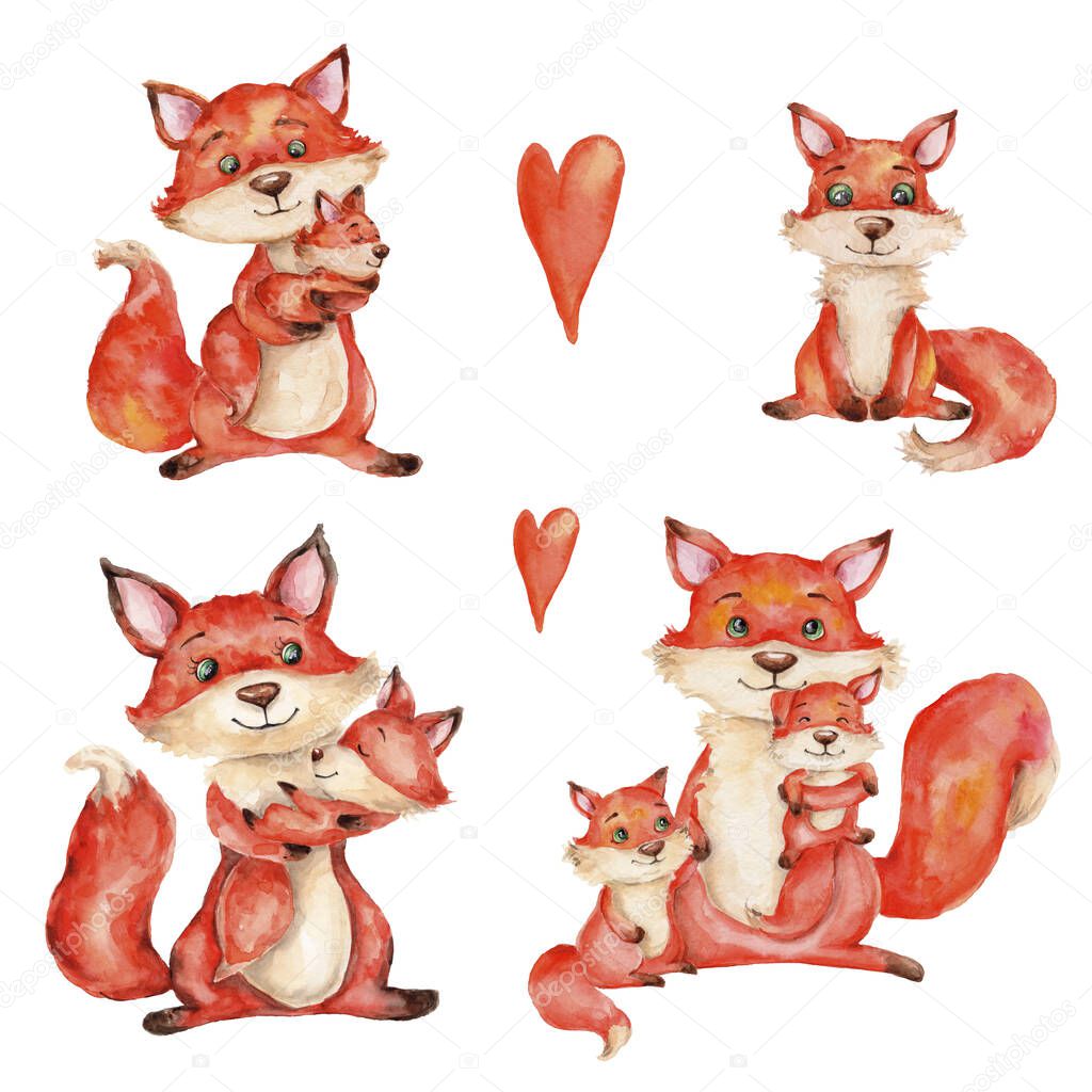 Watercolor hand draw illustration set with mom fox and little baby fox and orange heart, children illustration on white isolated background