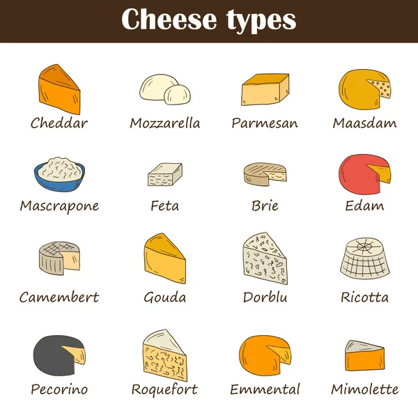 Tipi di formaggio disegnati a mano — Vettoriale Stock