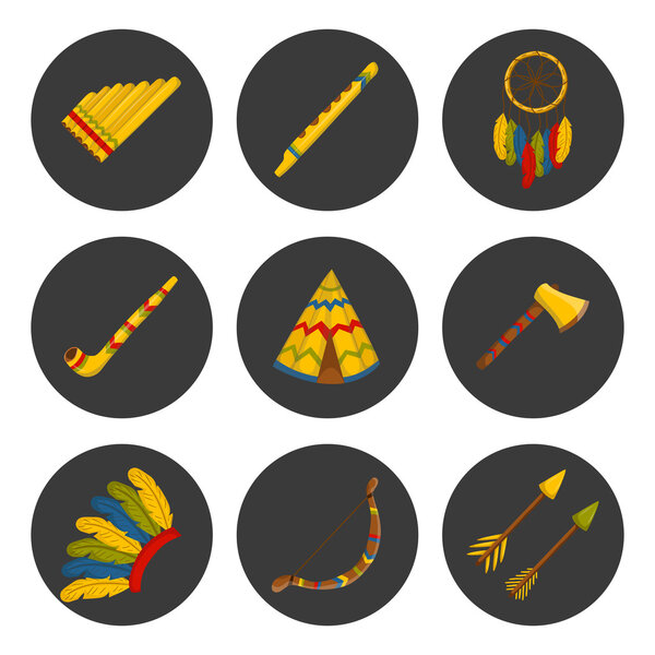 Vector cartoon icons: wigwam, flure, dreamcatche