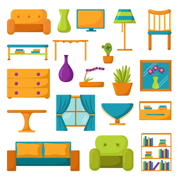 Iconos de la sala. Muebles interiores y de casa — Vector de stock