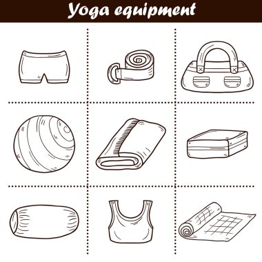 Karikatür yoga ekipmanları ile İllüstrasyon