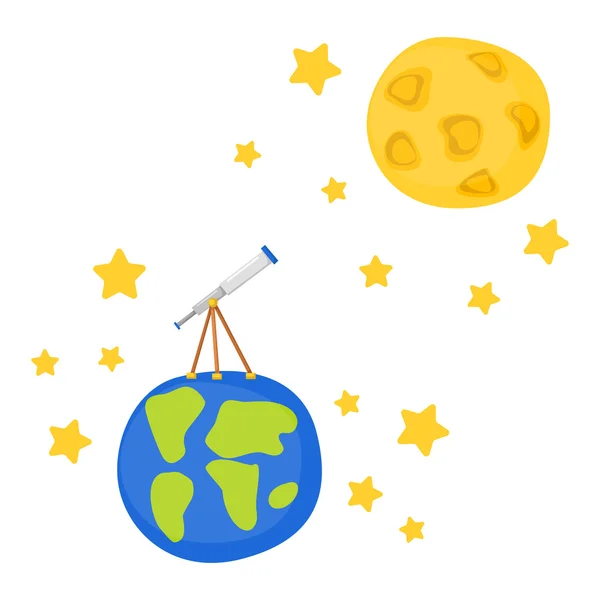 Vektor teleskop kartun di Bumi ke Bulan - Stok Vektor