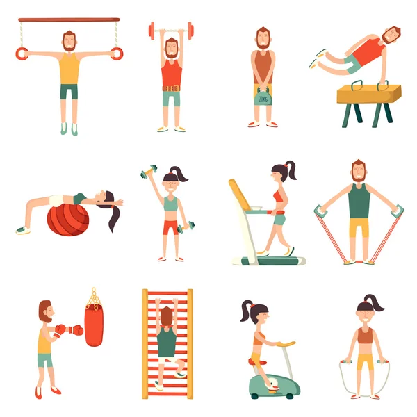 Vector cartoon personages met fitnessapparatuur — Stockvector