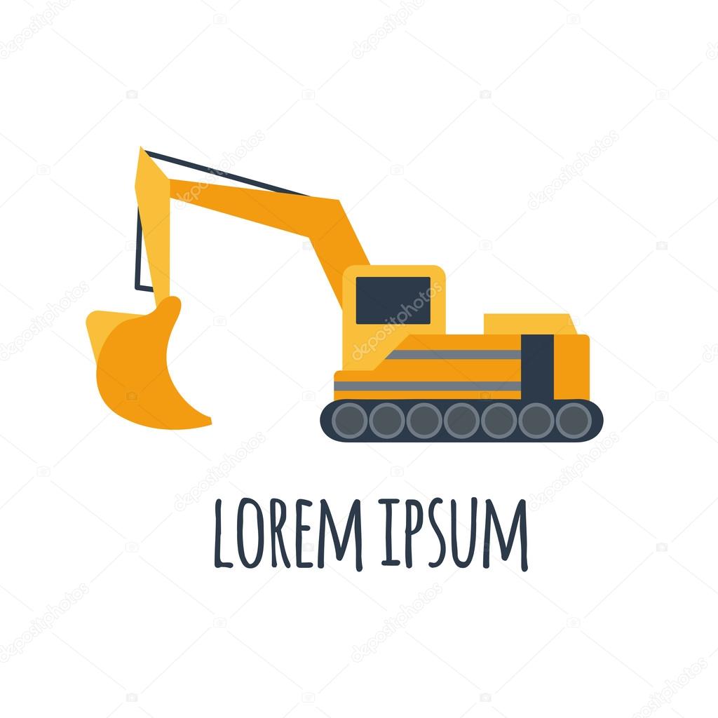 Vector illustration with cartoon flat industrial excavator. Vector construction equipment. Mining flat transportation. Heavy machinery object. Isolated excavator on white background. Children toy