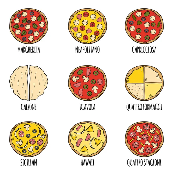 Ícones de pizza desenhados à mão de desenho animado vetorial — Vetor de Stock