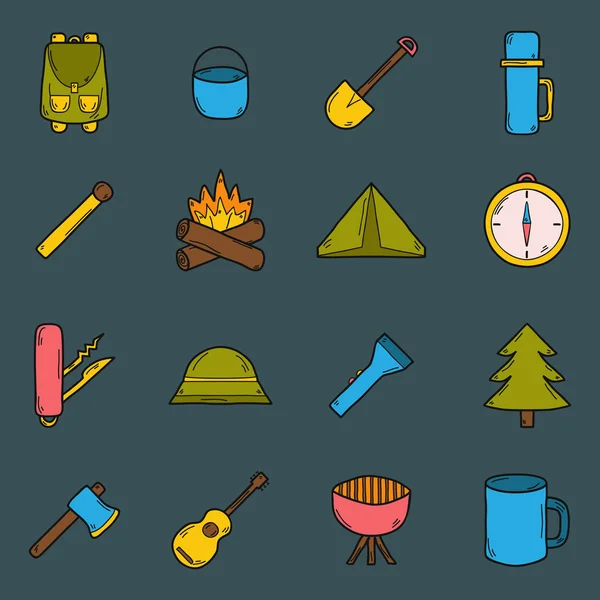 Vector dibujos animados dibujado a mano iconos de camping — Vector de stock