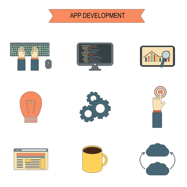 Ilustração vetorial com ícones de desenvolvimento de aplicativos planos —  Vetores de Stock