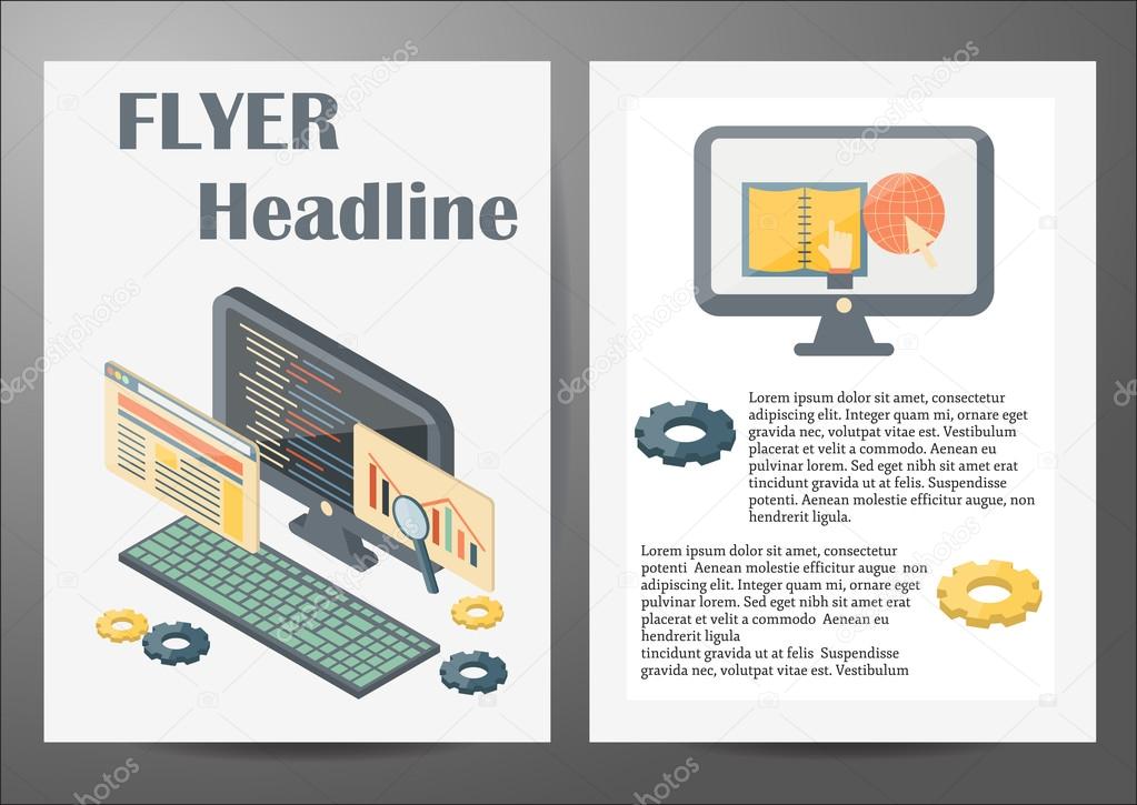Vector of Template with programming isometric objects for flyers or booklets Template with programming isometric objects for flyers or booklets for your design stock vector