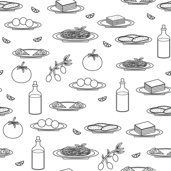 Fondo blanco y negro sin costuras sobre el tema de la comida italiana — Vector de stock