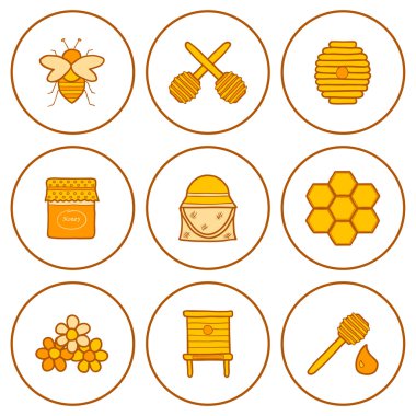 Arıcılık tema üzerinde elle çizilmiş simgeler kümesi