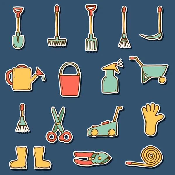 Conjunto de pegatinas dibujadas a mano con herramientas de jardín — Vector de stock