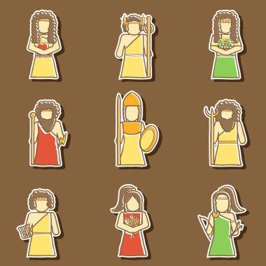 Set of hand drawn stickers with Greek gods clipart