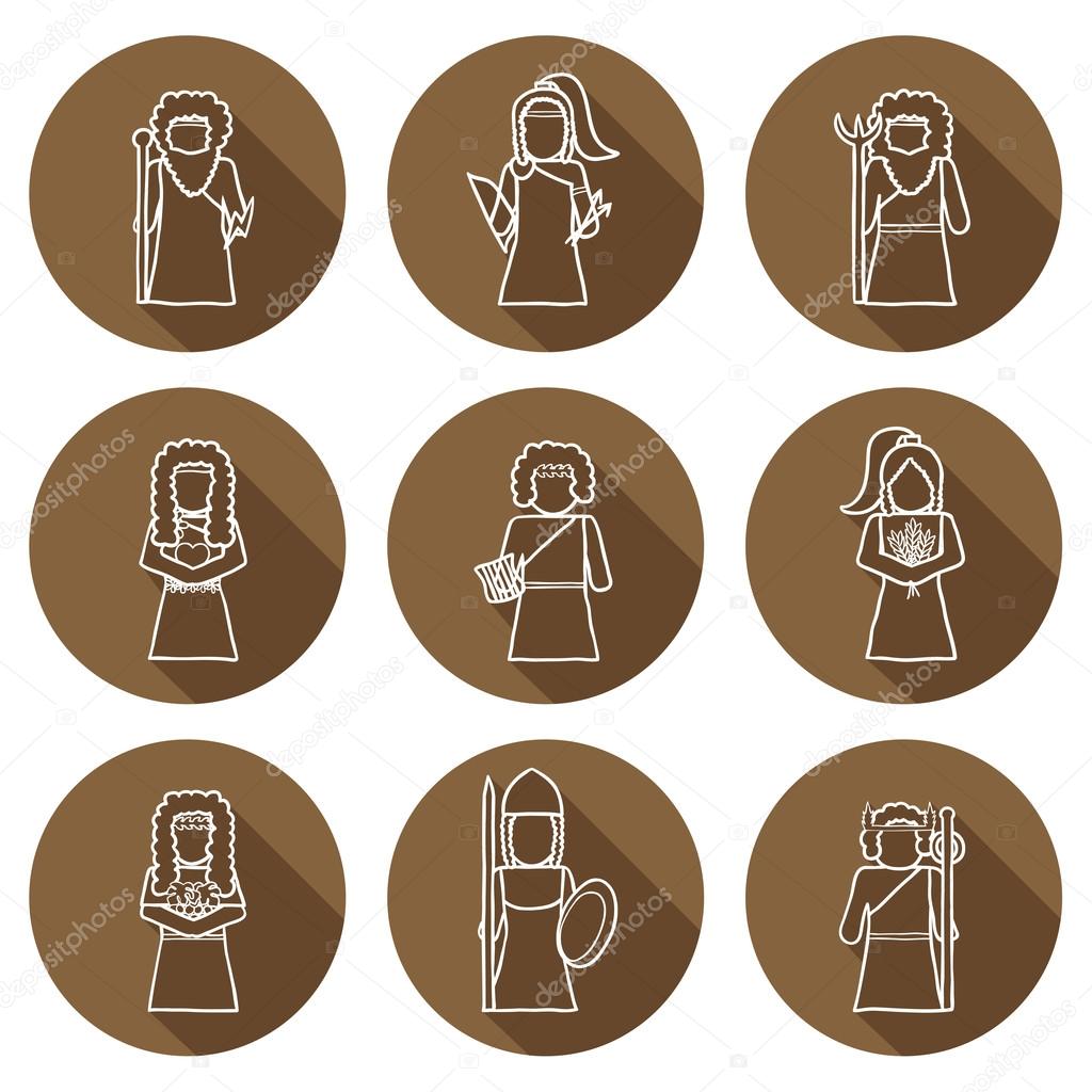 Set of hand drawn icons with Greek gods