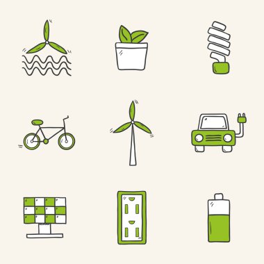 Yenilenebilir enerji konulu elle çizilmiş simgeler kümesi
