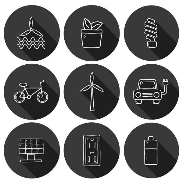 Conjunto de iconos dibujados a mano sobre energía renovable — Vector de stock