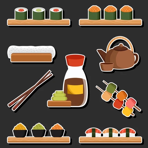 Set stiker kartun pada tema masakan Jepang - Stok Vektor