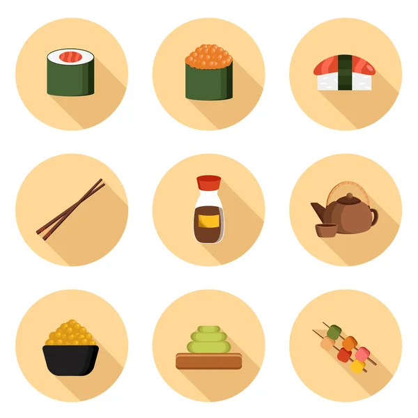 Conjunto de iconos de dibujos animados con objetos de cocina japonesa — Vector de stock