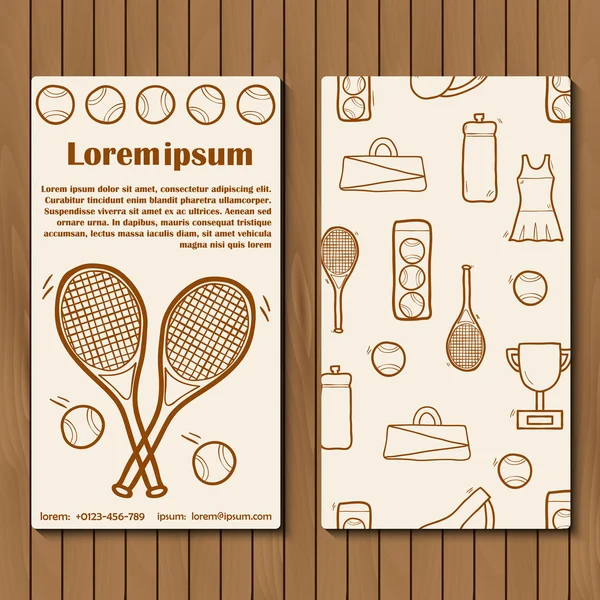 Plantilla para folleto de tenis, tarjeta de folleto con objetos dibujados a mano — Vector de stock