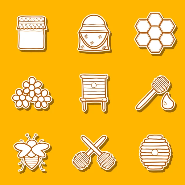 Conjunto de etiquetas desenhadas à mão sobre tema de apicultura — Vetor de Stock
