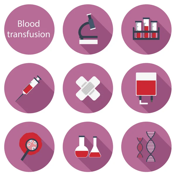 Set di icone piatte sul tema delle trasfusioni di sangue — Vettoriale Stock