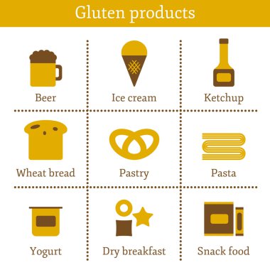 Alerjik gluten ürünleri ile simgeler kümesi: ekmek, pasta, pasta, bira, yoğurt, dondurma, Kuru Kahvaltı, ketçap ve gıda snack