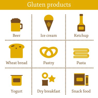 Set of icons with allergic gluten products: bread, pastry, pasta, beer, yogurt, ice cream, dry breakfast, ketchup and snack food clipart