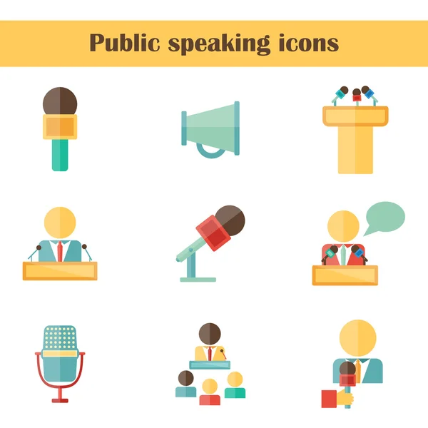 Conjunto de iconos planos aislados sobre el tema de hablar en público con personas, micrófonos, altavoces, tribunas para la presentación de negocios, seminario o conferencia — Vector de stock